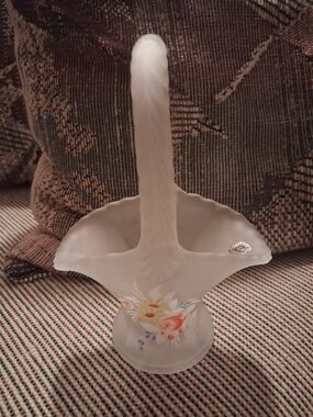 Westmorland Frosted Glass Basket with Hand-Painted Floral Motif
